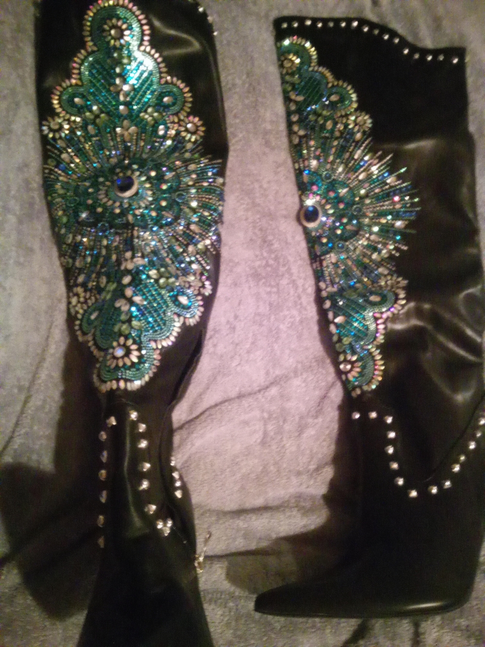 Azalea Wang Axelle Black Boots with Teal Crystal Embellishment